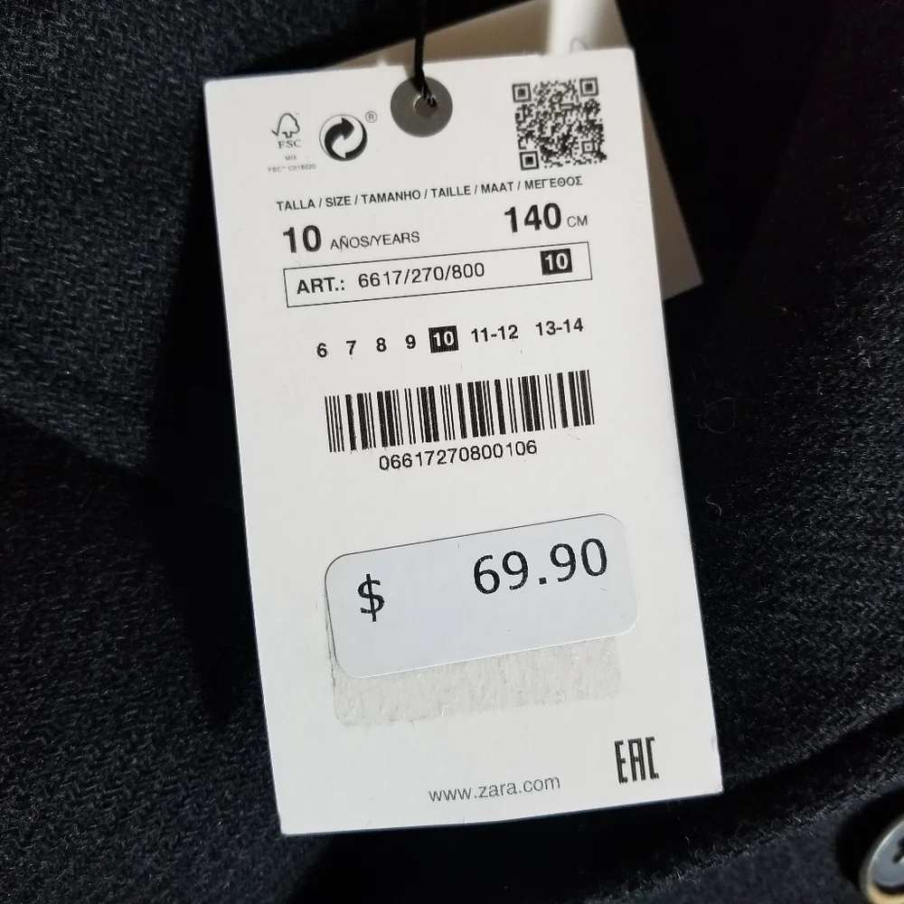 NWT ZARA GIRL'S BLACK DOUBLE BREASTED PEACOAT SIZE 10 53% WOOL